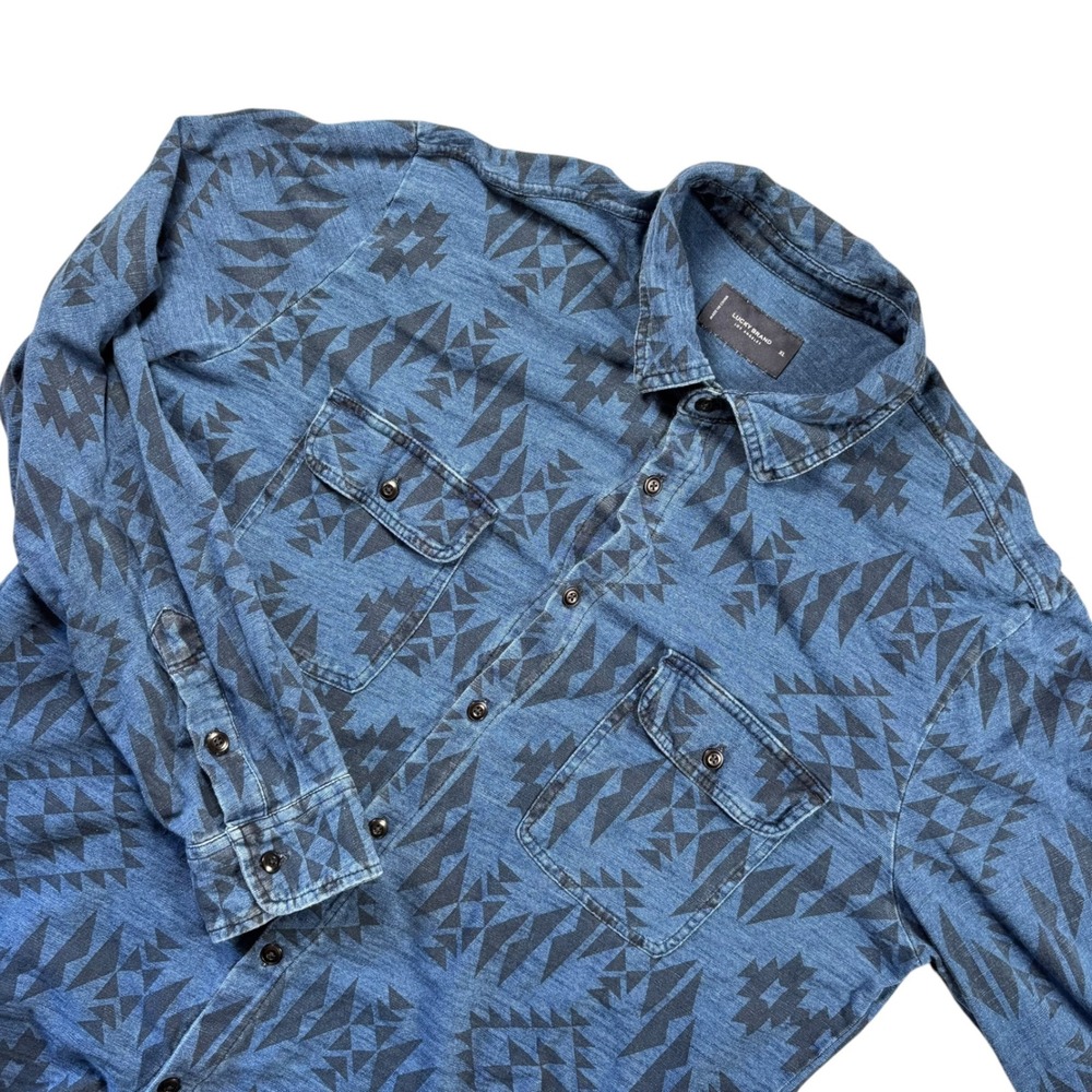 Lucky Brand Button Up Shirt Mens XL Blue Aztec Southwestern Geometric Cotton